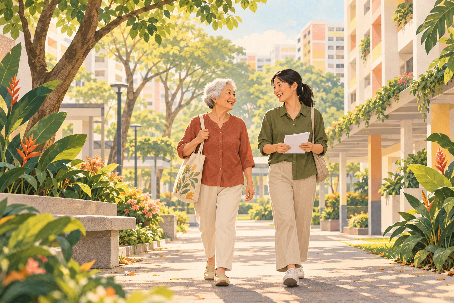 Illustration of an older woman and a younger companion enjoying a walk in a Singapore neighbourhood